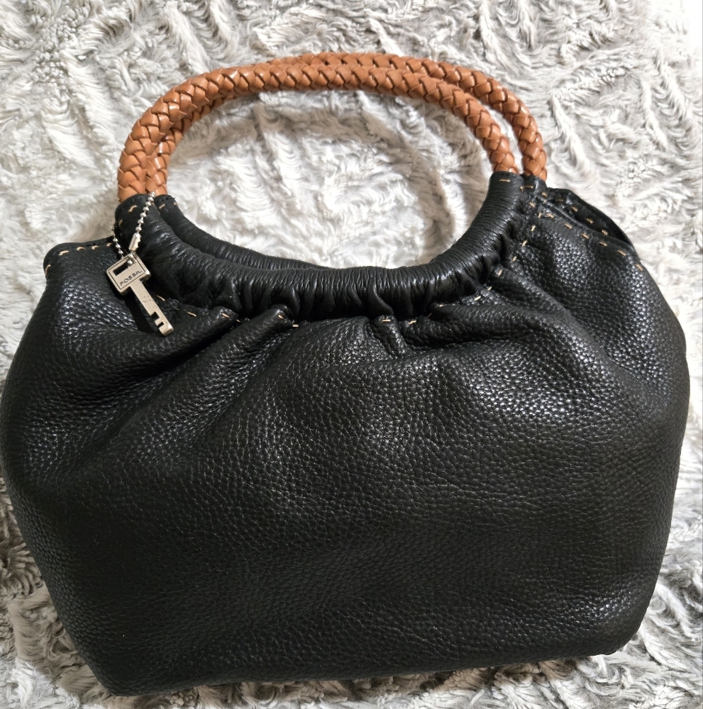 Fossil Black Leather Handbag with Tan Handles
